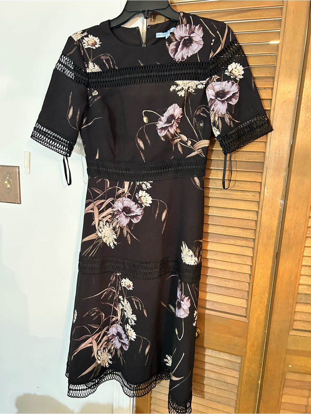 ANTONIO MELANI Black Floral Midi Dress with Lace Insets